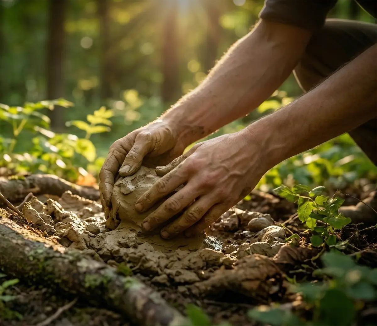 Mains cherchant et travaillant l'argile sauvage brute en forêt.