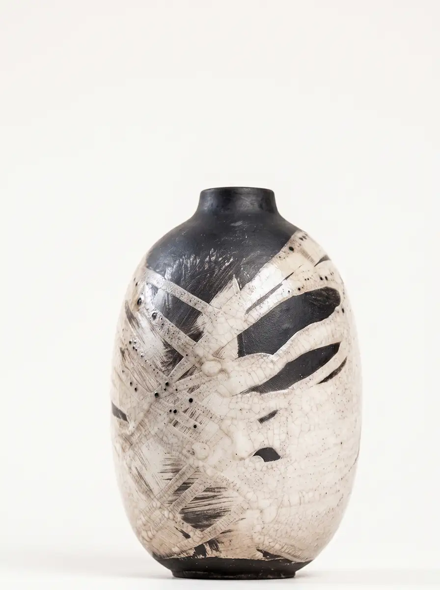 Vase raku ovale - Motifs croisés